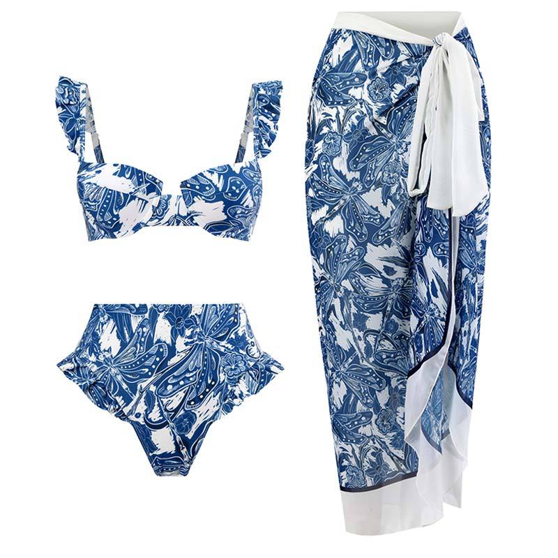 New 2-Piece Women Bikini Set Push Up Floral Printed Ruffle Bikini Strappy Bandage Swimwear Brazilian Biquini Bathing Suit Turquoise