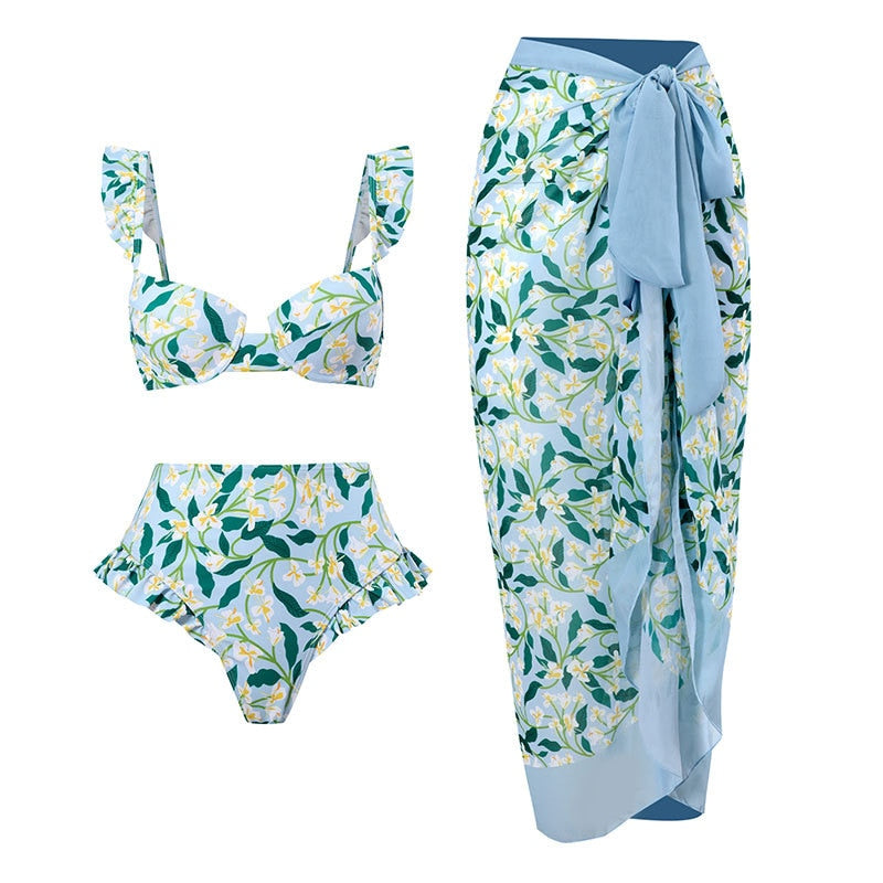 New 2-Piece Women Bikini Set Push Up Floral Printed Ruffle Bikini Strappy Bandage Swimwear Brazilian Biquini Bathing Suit QJY613G2