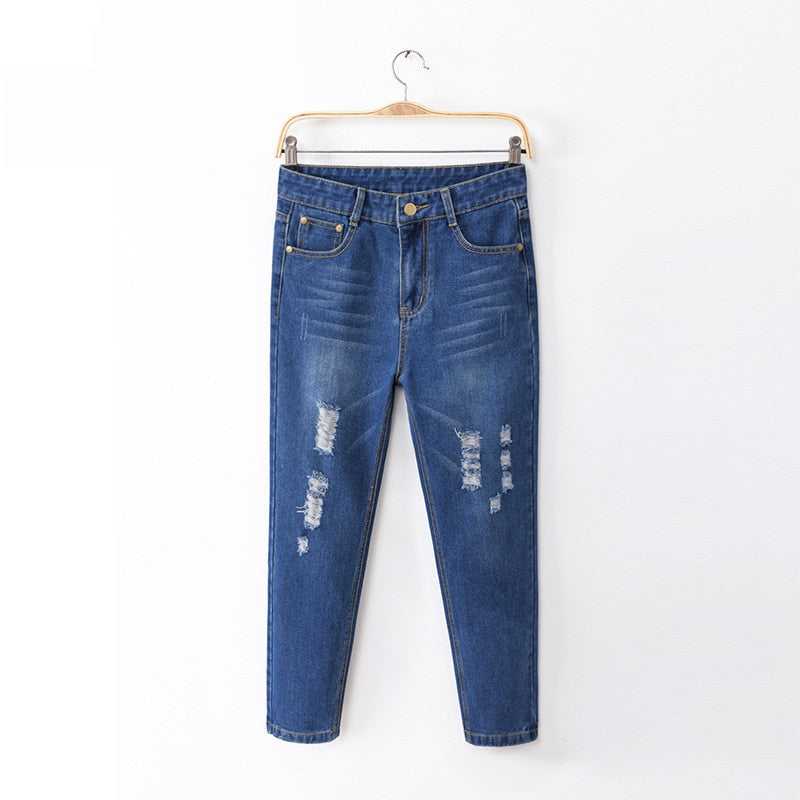New Jeans For Women Plus Size Cotton Fashion Hole Feet Design Jeans Simple Summer Style Loose Jeans Ankle-Length Pants Hole Cool Blue