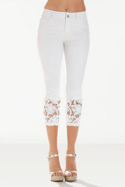 New Jeans For Women's Lace Spliced Calf-Length Pants Fashion Blue Casual Pencil Pants Size S-5XL White