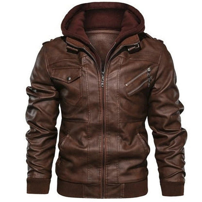 New Men Leather Jackets PU Hooded Jackets Coats Mens Autumn Winter Motorcycle Biker Faux Leather Jackets Male European Size Brown