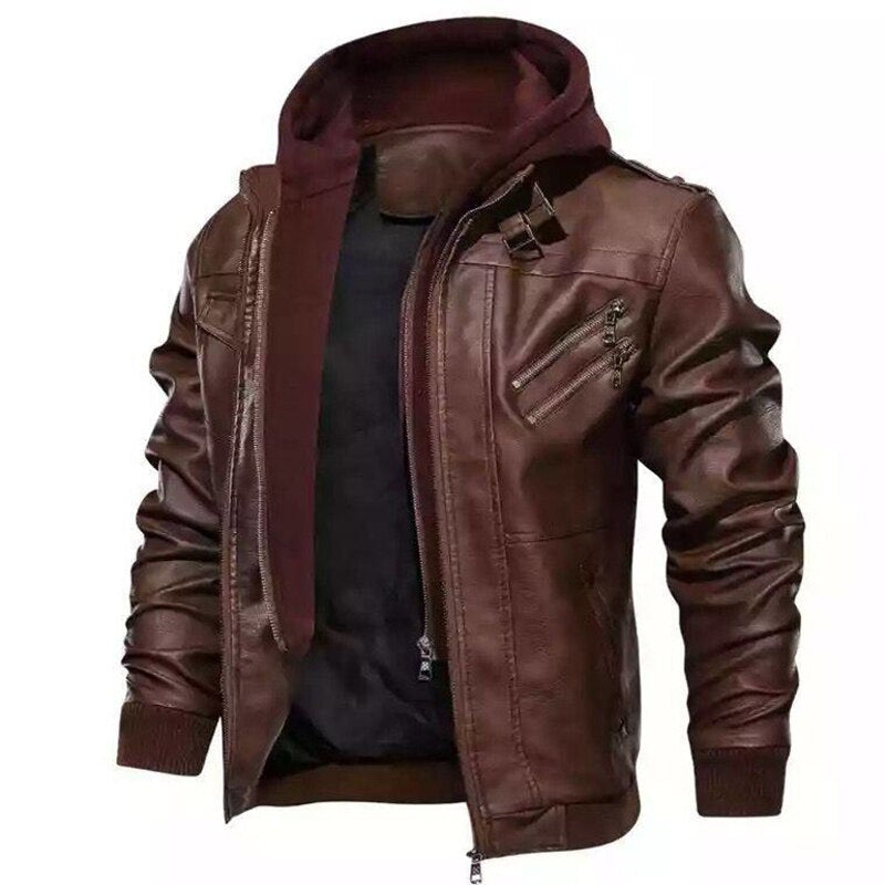 New Men Leather Jackets PU Hooded Jackets Coats Mens Autumn Winter Motorcycle Biker Faux Leather Jackets Male European Size