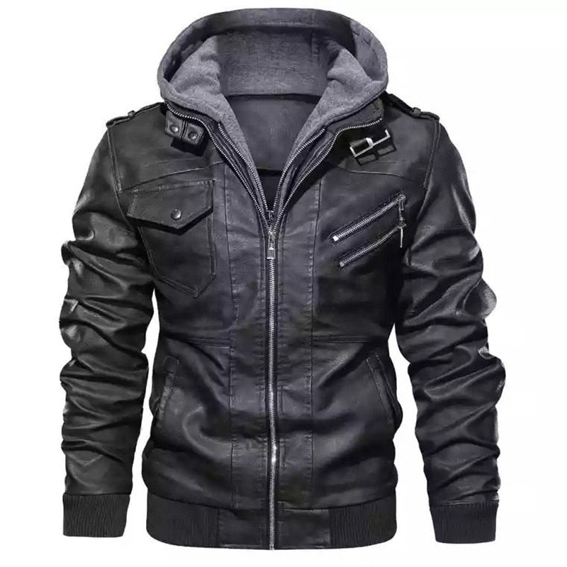 New Men Leather Jackets PU Hooded Jackets Coats Mens Autumn Winter Motorcycle Biker Faux Leather Jackets Male European Size Gray