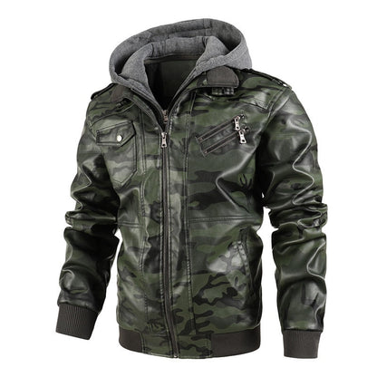 New Men Leather Jackets PU Hooded Jackets Coats Mens Autumn Winter Motorcycle Biker Faux Leather Jackets Male European Size Green01