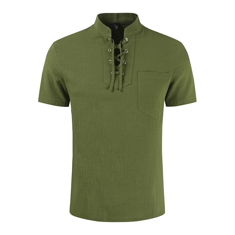 New Mens Summer Casual Shirt Short Sleeve Cotton Linen Shirts Men Loose Collarless Shirt Light Wight Clothing Chemise Homme Army Green Blouses