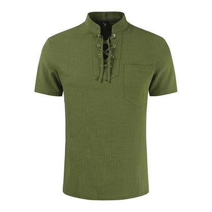 New Mens Summer Casual Shirt Short Sleeve Cotton Linen Shirts Men Loose Collarless Shirt Light Wight Clothing Chemise Homme Army Green Blouses