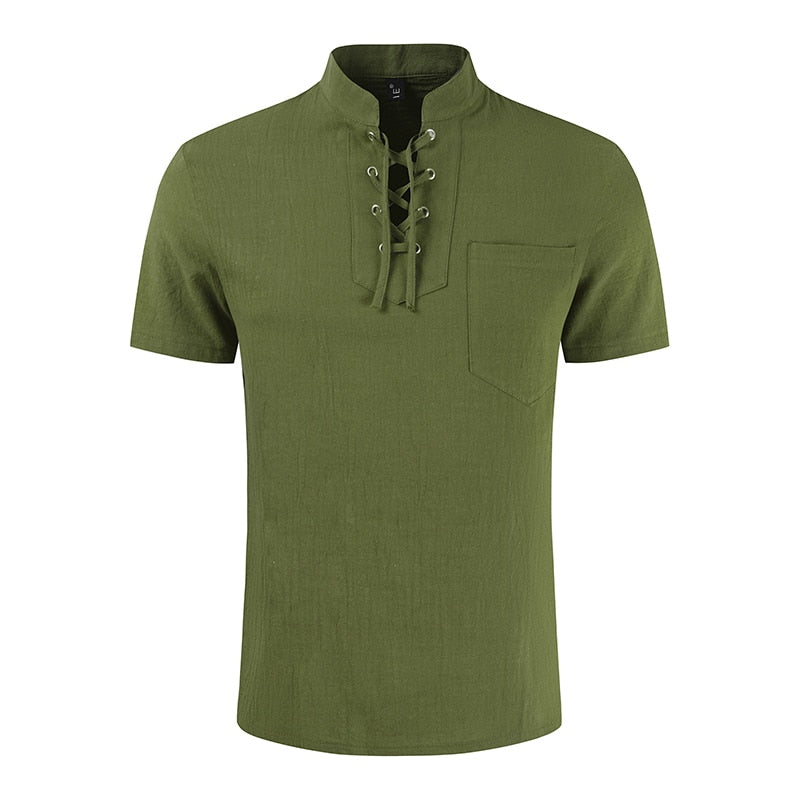 New Mens Summer Casual Shirt Short Sleeve Cotton Linen Shirts Men Loose Collarless Shirt Light Wight Clothing Chemise Homme