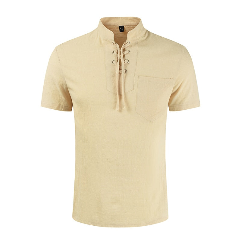 New Mens Summer Casual Shirt Short Sleeve Cotton Linen Shirts Men Loose Collarless Shirt Light Wight Clothing Chemise Homme