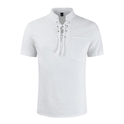 New Mens Summer Casual Shirt Short Sleeve Cotton Linen Shirts Men Loose Collarless Shirt Light Wight Clothing Chemise Homme