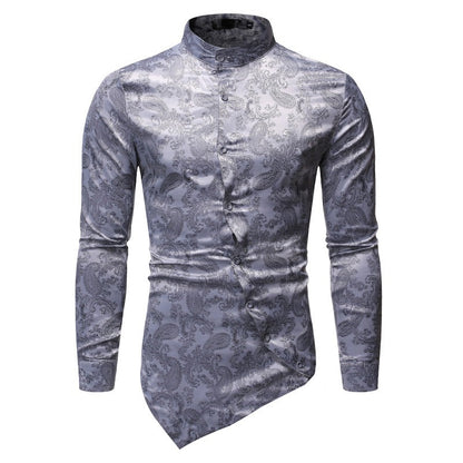 New Personalized Irregular Hem Design Men's Casual Long Sleeve Dark Textured Shirt European Size ZT-CS16 Grey