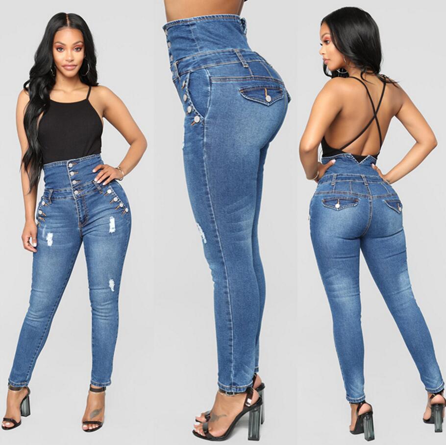 New Plus Size Stretch Jeans Women Hole Denim High Waist Jeans Buttons Female Pant Slim Elastic Blue Skinny Pencil Pant