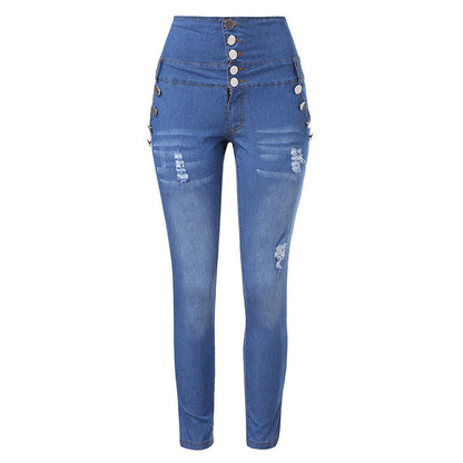 New Plus Size Stretch Jeans Women Hole Denim High Waist Jeans Buttons Female Pant Slim Elastic Blue Skinny Pencil Pant