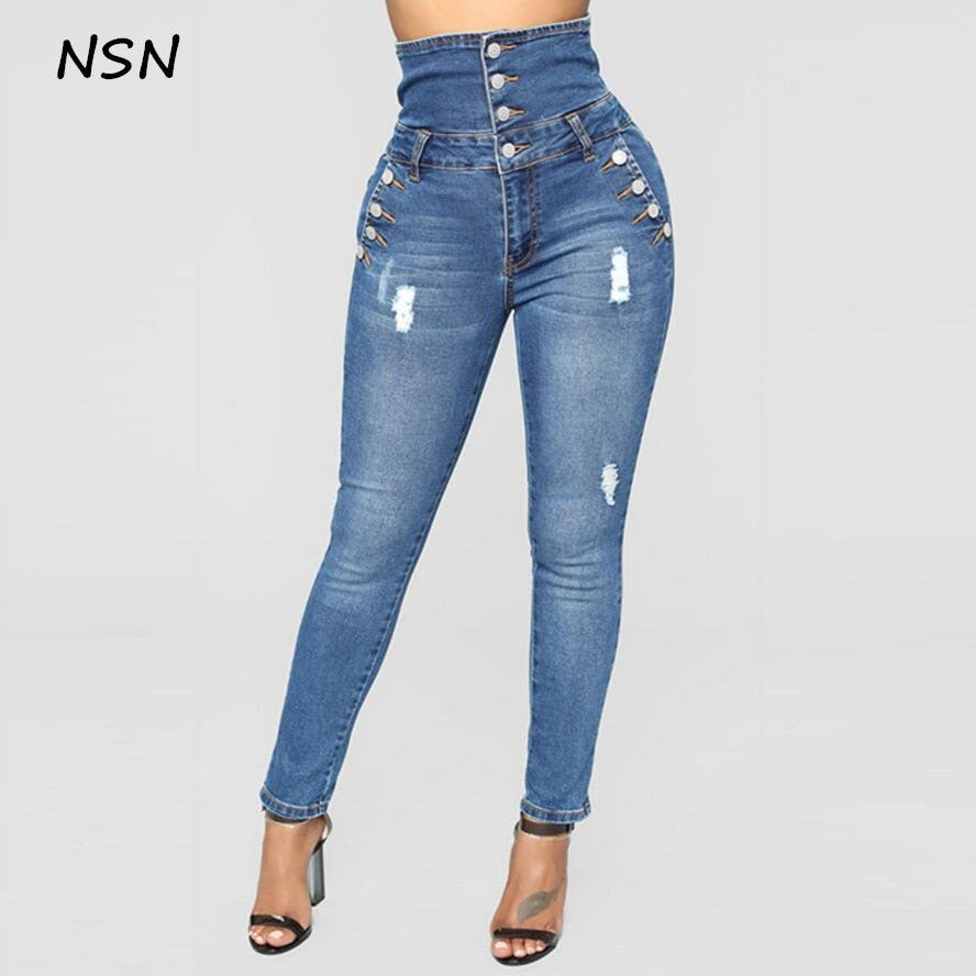 New Plus Size Stretch Jeans Women Hole Denim High Waist Jeans Buttons Female Pant Slim Elastic Blue Skinny Pencil Pant