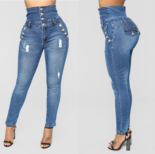 New Plus Size Stretch Jeans Women Hole Denim High Waist Jeans Buttons Female Pant Slim Elastic Blue Skinny Pencil Pant