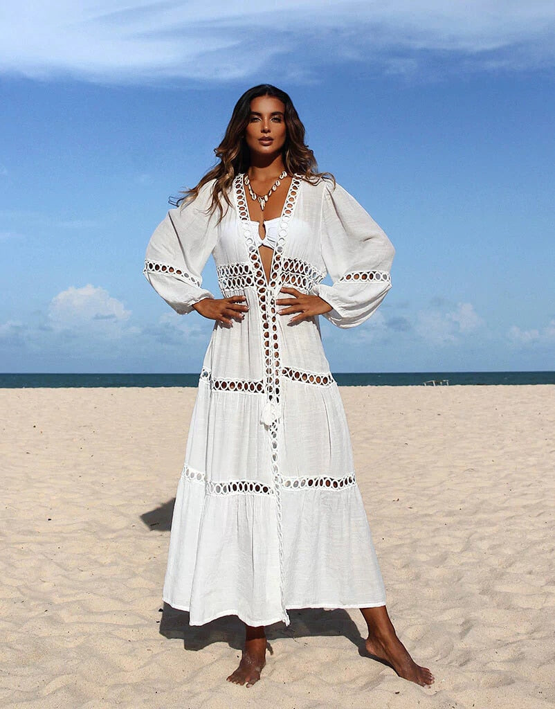 New Sexy Ruffle Long Sleeve Beach Cover Ups Swimsuit Solid Color Women`s Swimwear 2023 Female Bathing Suit Beachwear Mujer Dress Just Cover Up One Size-12