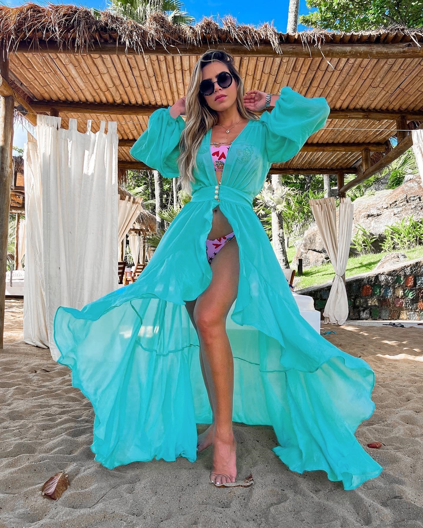 New Sexy Ruffle Long Sleeve Beach Cover Ups Swimsuit Solid Color Women`s Swimwear 2023 Female Bathing Suit Beachwear Mujer Dress Just Cover Up One Size
