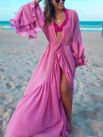 New Sexy Ruffle Long Sleeve Beach Cover Ups Swimsuit Solid Color Women`s Swimwear 2023 Female Bathing Suit Beachwear Mujer Dress LF980505P1 One Size