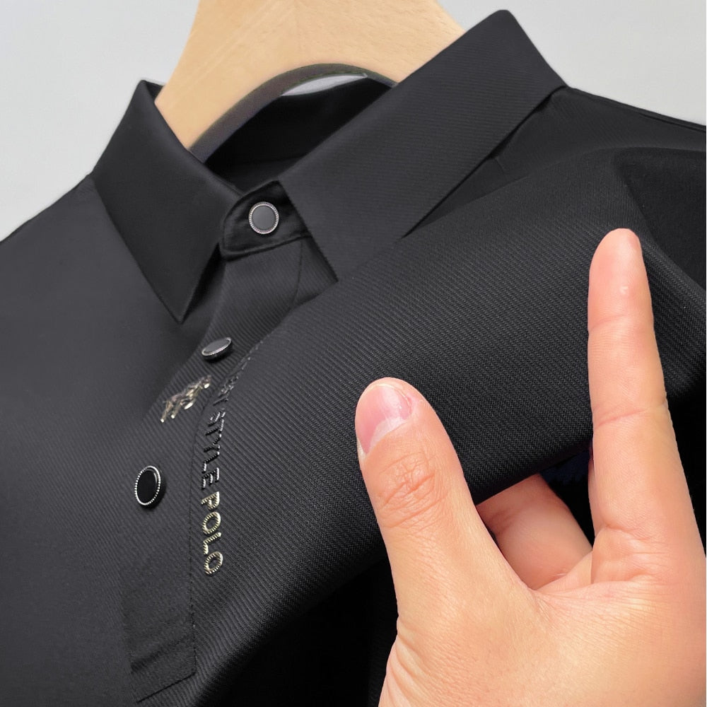New Silky Embroidery Polo T Shirt for Men Summer Lapel Button T-shirts Fashion Short Sleeve Business Casual Men's Clothing Black China