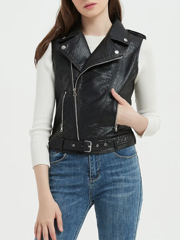 New Spring Autumn Women Slim Fit Pu Faux Leather Vest with Belt Moto Biker Female Sleeveless Short Waistcoat Tops