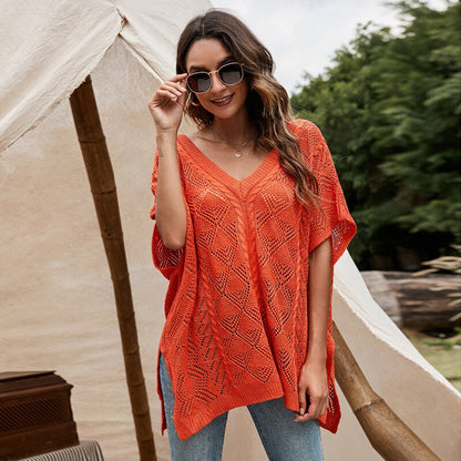 New Summer Openwork Batwing Sleeve Sweater Pullover Loose Knitted Blouse Solid Color V-neck Hollow Out Short Sleeve Shawl