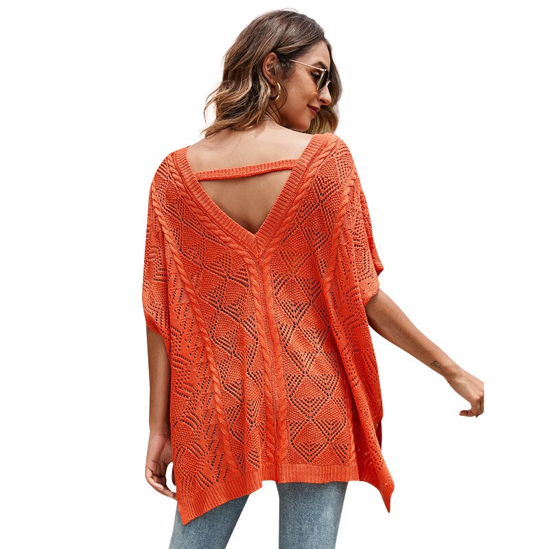 New Summer Openwork Batwing Sleeve Sweater Pullover Loose Knitted Blouse Solid Color V-neck Hollow Out Short Sleeve Shawl