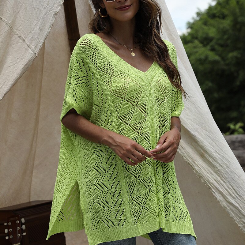 New Summer Openwork Batwing Sleeve Sweater Pullover Loose Knitted Blouse Solid Color V-neck Hollow Out Short Sleeve Shawl