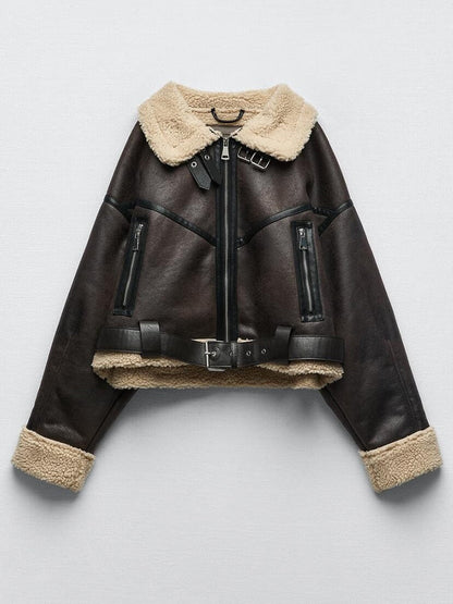 New Winter Faux Lamb Fur Leather Short Jacket Women High Street Lapel Zipper Pu Coat with Belt Thick Warm Outwear