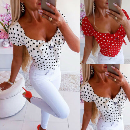 New Women Fashion Shirt Blusas Short Sleeve O Neck Polka Dot Women casual T-Shirt Tops Summer Hot Sale