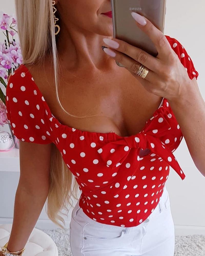 New Women Fashion Shirt Blusas Short Sleeve O Neck Polka Dot Women casual T-Shirt Tops Summer Hot Sale Red