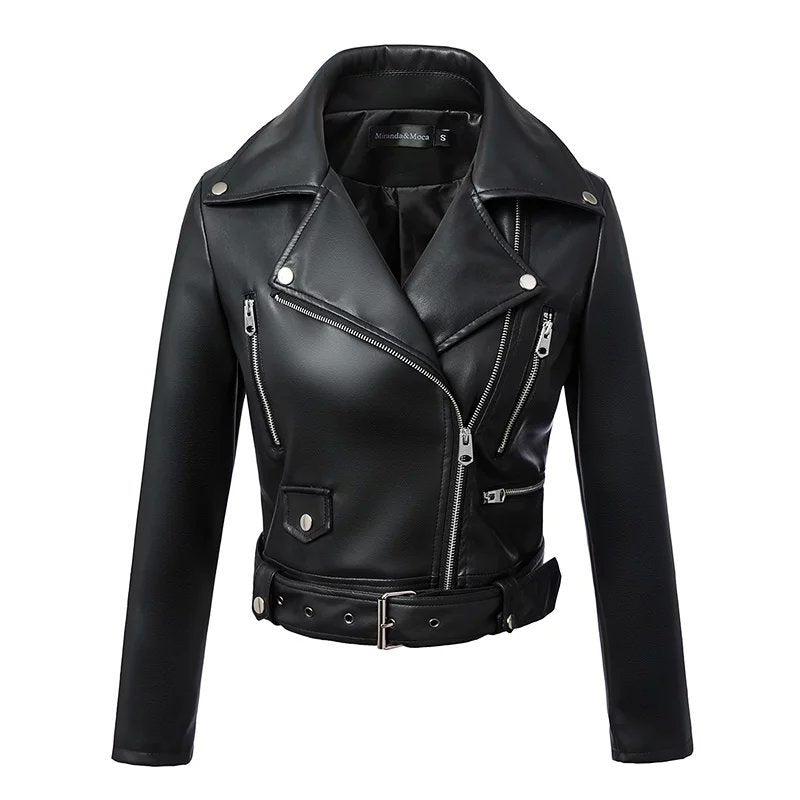 New Women Spring Autumn Black Faux Leather Jackets Zipper Basic Coat Turn-down Collar Motor Biker Jacket With Belt Black