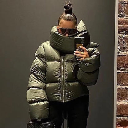 New Women's Winter Scarf Collar Jacket Solid Thick Warm Loose Bubble Cotton Coats Female Black Puffer Parkas Casual Outwear Green