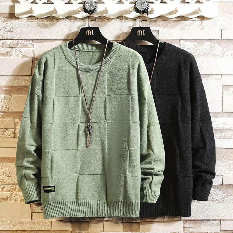 Non-Iron Black Green Plaid Sweaters For Men'S Spring Autumn Winter Clothes Pull OverSize Style Casual Pullovers