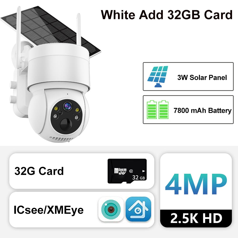 Outdoor Solar Camera with Wifi, PIR Human Detection, and Rechargeable Battery - 4MP Wireless Surveillance IP Camera with Solar Panel White Add 32GB Card