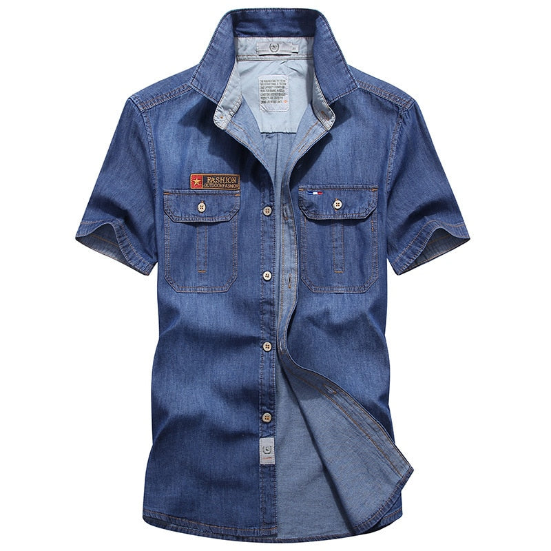 Oversize 100% Cotton Denim Blue Shirts For Men's Short Sleeves Summer Design Style Fashion Casual Clothing