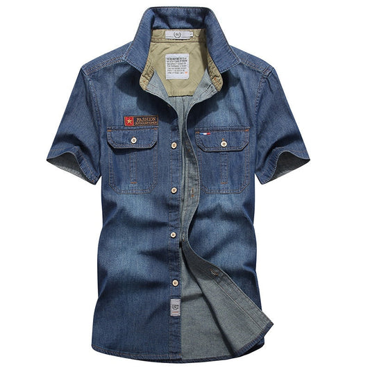 Oversize 100% Cotton Denim Blue Shirts For Men's Short Sleeves Summer Design Style Fashion Casual Clothing