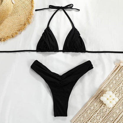 Patchwork Bikini Set String Thong Women Swimwear Women Bathing Suit Female Bikinis Woman 2023 Small Ruffle Swimsuit Swimwear Black