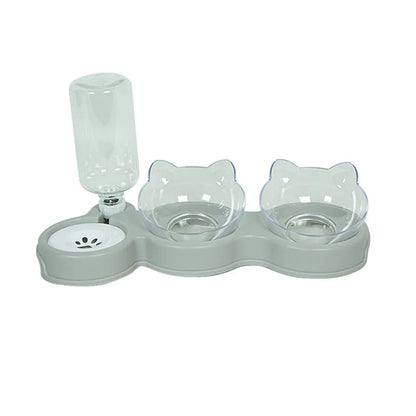 Pet Cat Bowl Automatic Feeder 3-in-1 Dog Cat Food Bowl With Water Fountain Double Bowl Drinking Raised Stand Dish Bowls For Cats Gray transparent pet feed