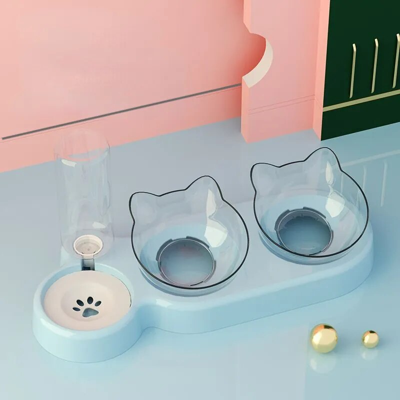 Pet Cat Bowl Automatic Feeder 3-in-1 Dog Cat Food Bowl With Water Fountain Double Bowl Drinking Raised Stand Dish Bowls For Cats