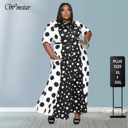 Plus Size Women's Clothing Dresses Dot Printed with Pockets Slashes Fashion Maxi Dress Hot Sale