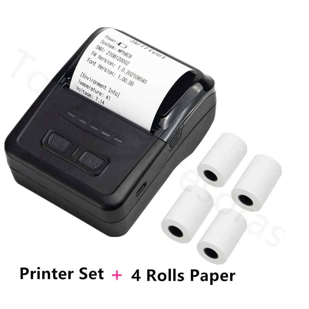 Portable Mini 58mm Wireless Thermal Receipt Ticket Printer Mobile Phone Bill Machine Bluetooth Printer Type-C Battery Recargable Add 4 Rolls Paper