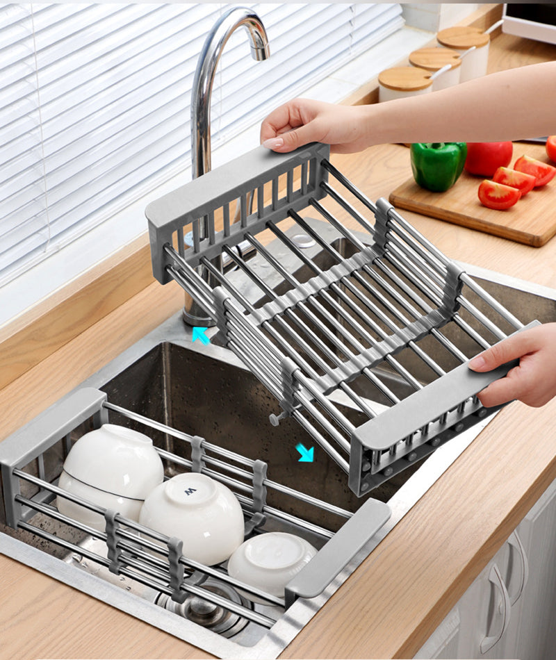 Retractable Stainless Steel Sink Drain Dish Rack Sponge Rag Shelf Tableware Dish Drying Storage Basket Drainer Kitchen Organizer