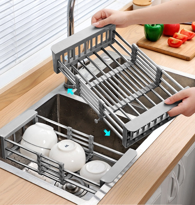 Retractable Stainless Steel Sink Drain Dish Rack Sponge Rag Shelf Tableware Dish Drying Storage Basket Drainer Kitchen Organizer