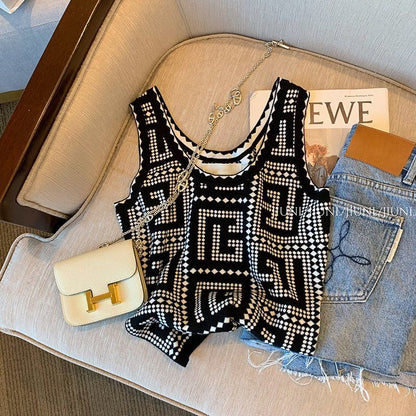 Retro Minority Black Knitted Lady Vest Women Summer New Slim Sleeveless Hot Sexy Girls Top Y2k Clothes