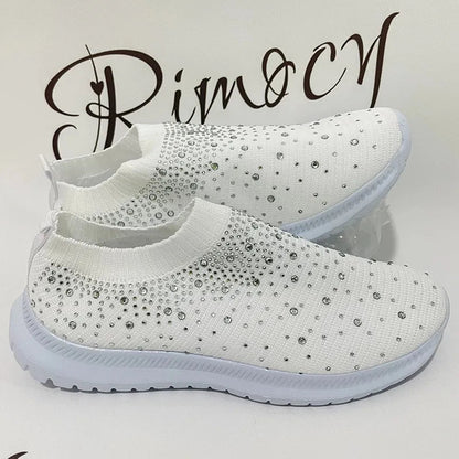 Rimocy Crystal Breathable Mesh Sneaker Shoes for Women Comfortable Soft Bottom Flats Plus Size Slip Casual Shoes Woman