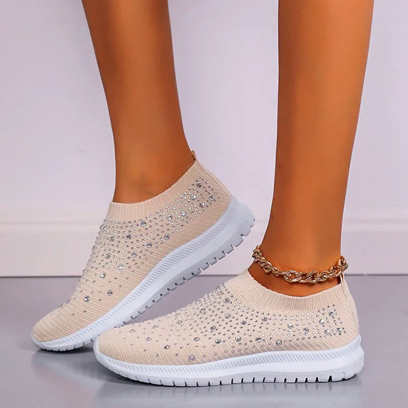 Rimocy Crystal Breathable Mesh Sneaker Shoes for Women Comfortable Soft Bottom Flats Plus Size Slip Casual Shoes Woman