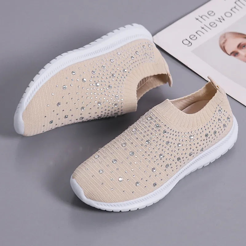 Rimocy Crystal Breathable Mesh Sneaker Shoes for Women Comfortable Soft Bottom Flats Plus Size Slip Casual Shoes Woman