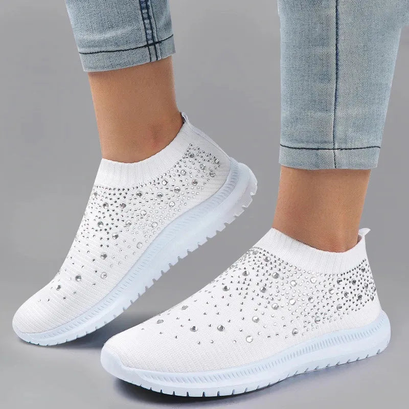 Rimocy Crystal Breathable Mesh Sneaker Shoes for Women Comfortable Soft Bottom Flats Plus Size Slip Casual Shoes Woman