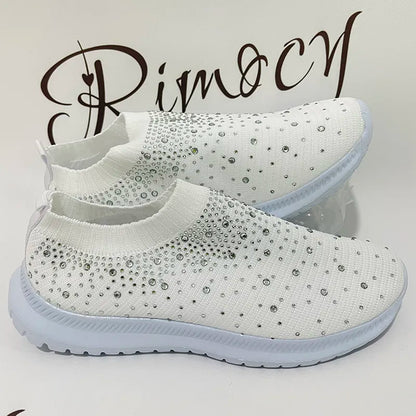 Rimocy Crystal Breathable Mesh Sneaker Shoes for Women Comfortable Soft Bottom Flats Plus Size Slip Casual Shoes Woman