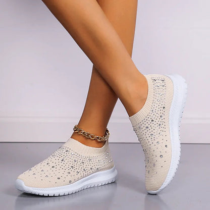 Rimocy Crystal Breathable Mesh Sneaker Shoes for Women Comfortable Soft Bottom Flats Plus Size Slip Casual Shoes Woman