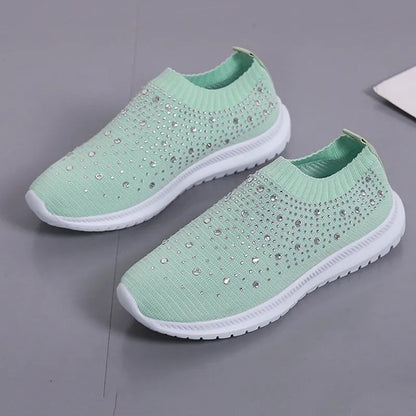 Rimocy Crystal Breathable Mesh Sneaker Shoes for Women Comfortable Soft Bottom Flats Plus Size Slip Casual Shoes Woman